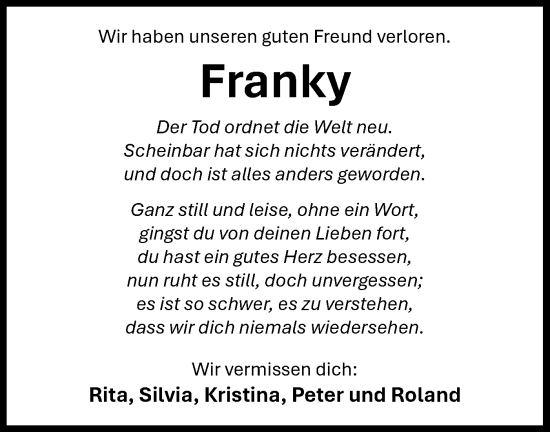 Traueranzeige von Franky  von Bietigheimer Zeitung