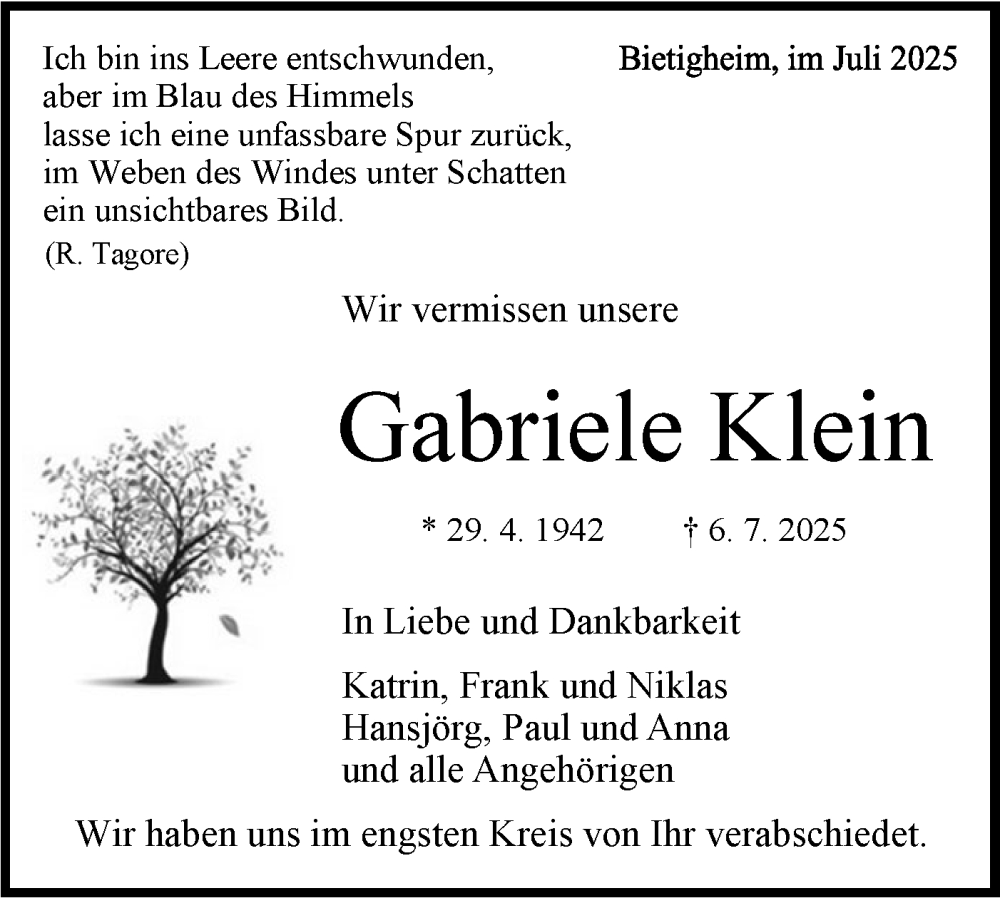  Traueranzeige für Gabriele Klein vom 29.07.2025 aus Bietigheimer Zeitung