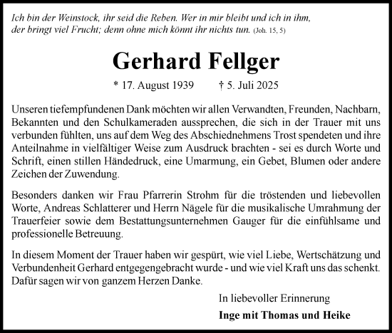 Traueranzeige von Gerhard Fellger von Bietigheimer Zeitung