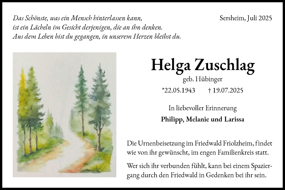  Traueranzeige für Helga Zuschlag vom 30.07.2025 aus Bietigheimer Zeitung