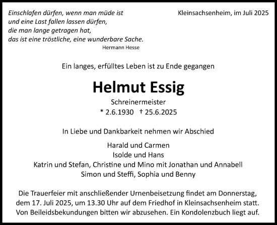 Traueranzeige von Helmut Essig von Bietigheimer Zeitung