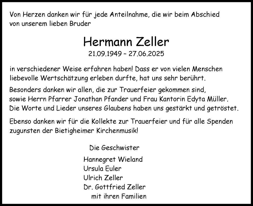  Traueranzeige für Hermann Zeller vom 25.07.2025 aus Bietigheimer Zeitung
