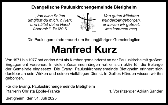 Traueranzeige von Manfred Kurz von Bietigheimer Zeitung