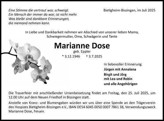 Traueranzeige von Marianne Dose von Bietigheimer Zeitung