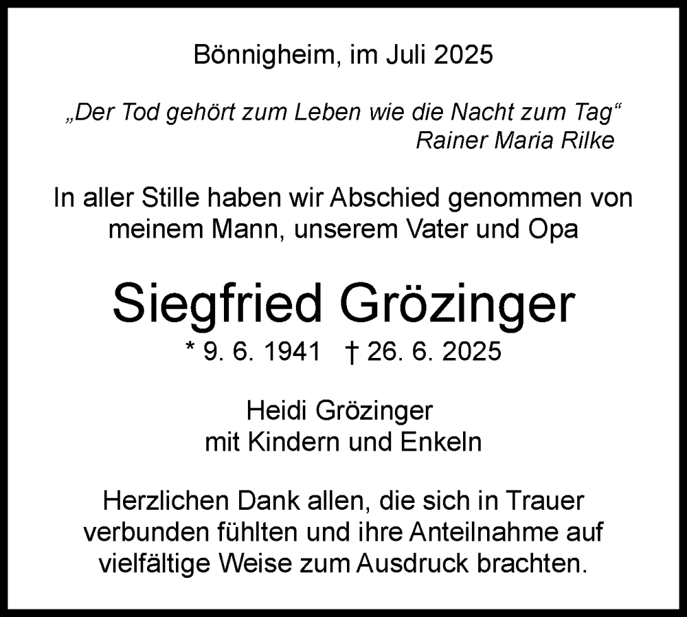  Traueranzeige für Siegfried Grözinger vom 30.07.2025 aus Bietigheimer Zeitung
