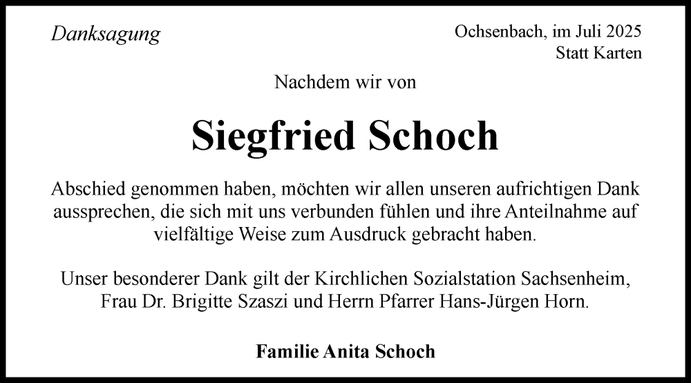 Traueranzeige für Siegfried Schoch vom 17.07.2025 aus Bietigheimer Zeitung