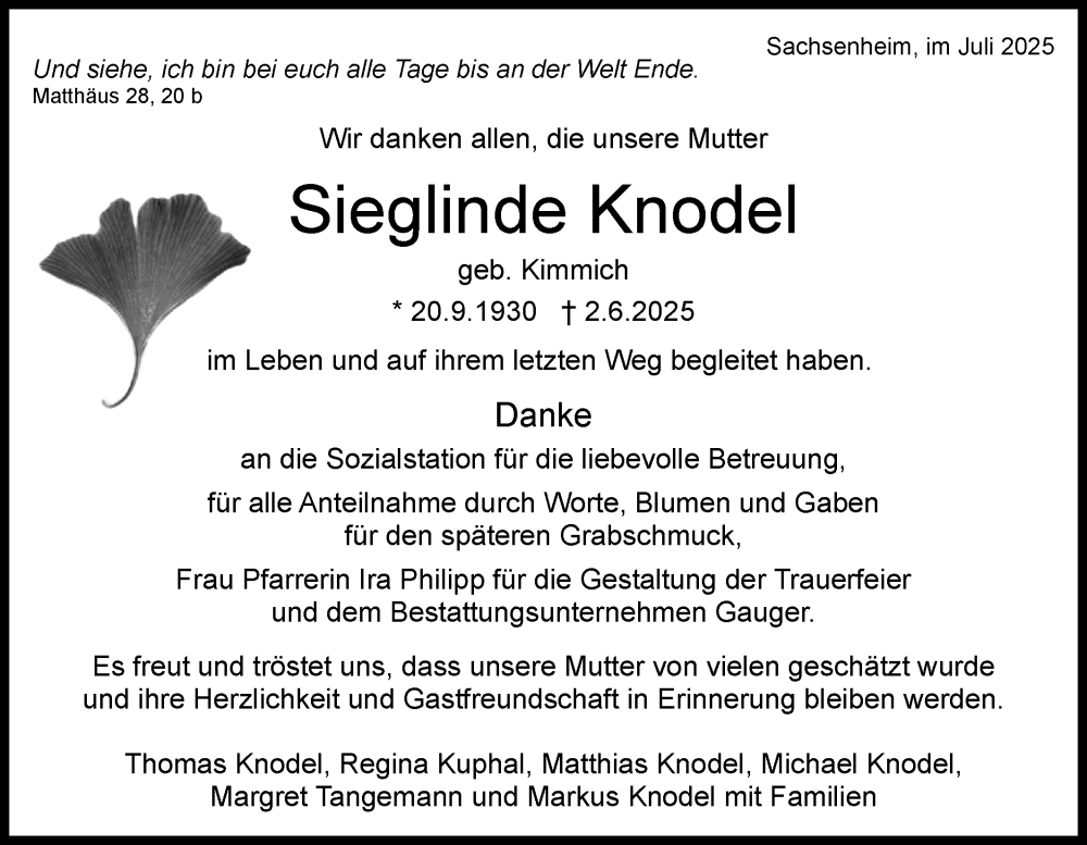  Traueranzeige für Sieglinde Knodel vom 05.07.2025 aus Bietigheimer Zeitung