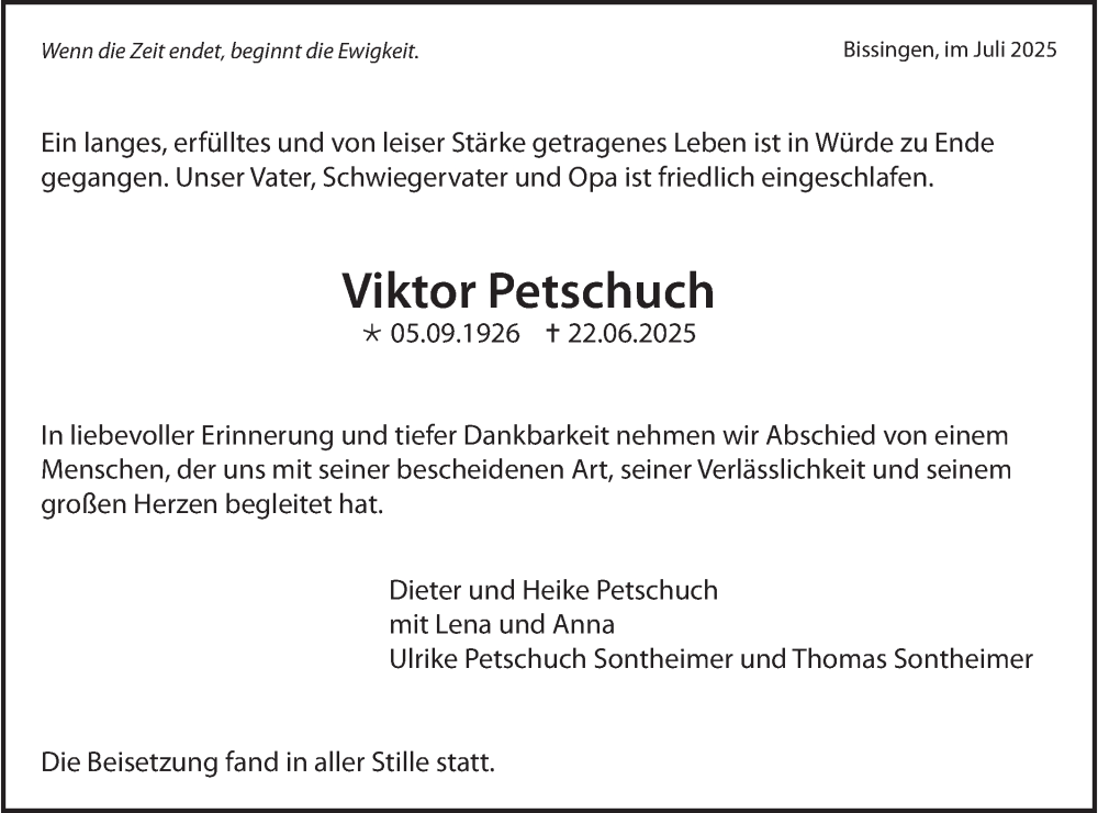  Traueranzeige für Viktor Petschuch vom 02.07.2025 aus Bietigheimer Zeitung