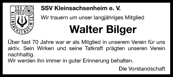 Traueranzeige von Walter Bilger von Bietigheimer Zeitung