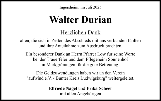 Traueranzeige von Walter Durian von Bietigheimer Zeitung