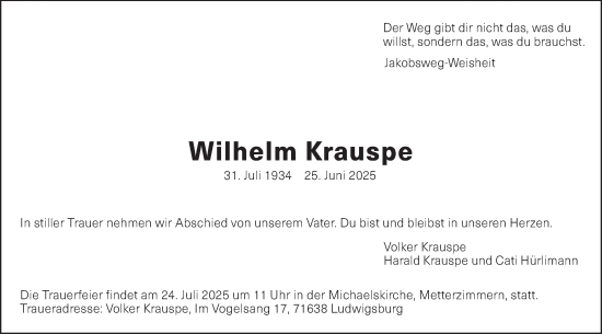 Traueranzeige von Wilhelm Krauspe von Bietigheimer Zeitung