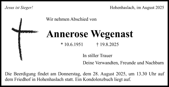 Traueranzeige von Annerose Wegenast von Bietigheimer Zeitung
