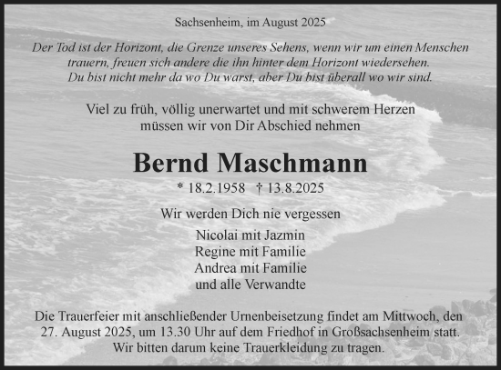 Traueranzeige von Bernd Maschmann von Bietigheimer Zeitung