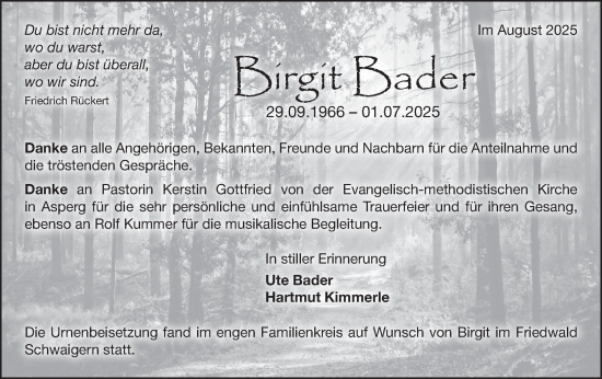 Traueranzeige von Birgit Bader von Bietigheimer Zeitung