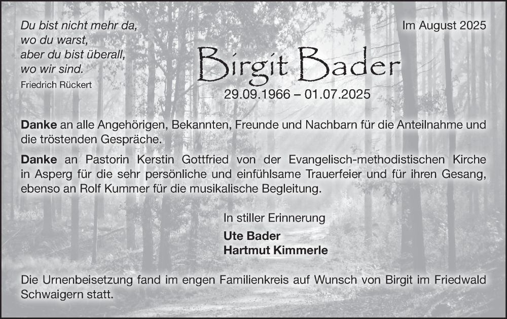  Traueranzeige für Birgit Bader vom 23.08.2025 aus Bietigheimer Zeitung