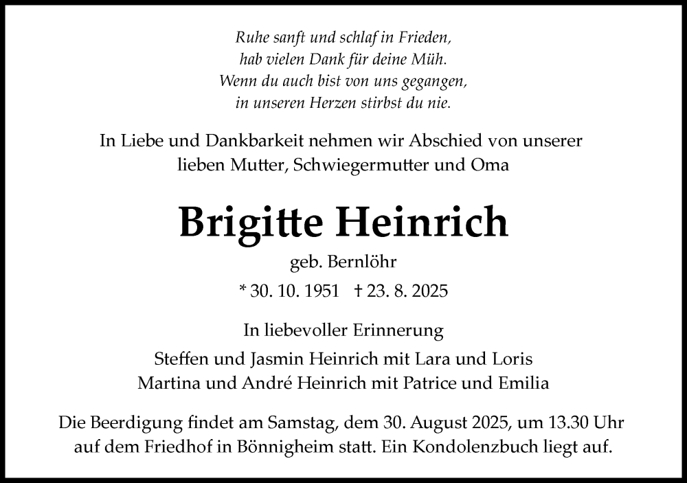  Traueranzeige für Brigitte Heinrich vom 26.08.2025 aus Bietigheimer Zeitung