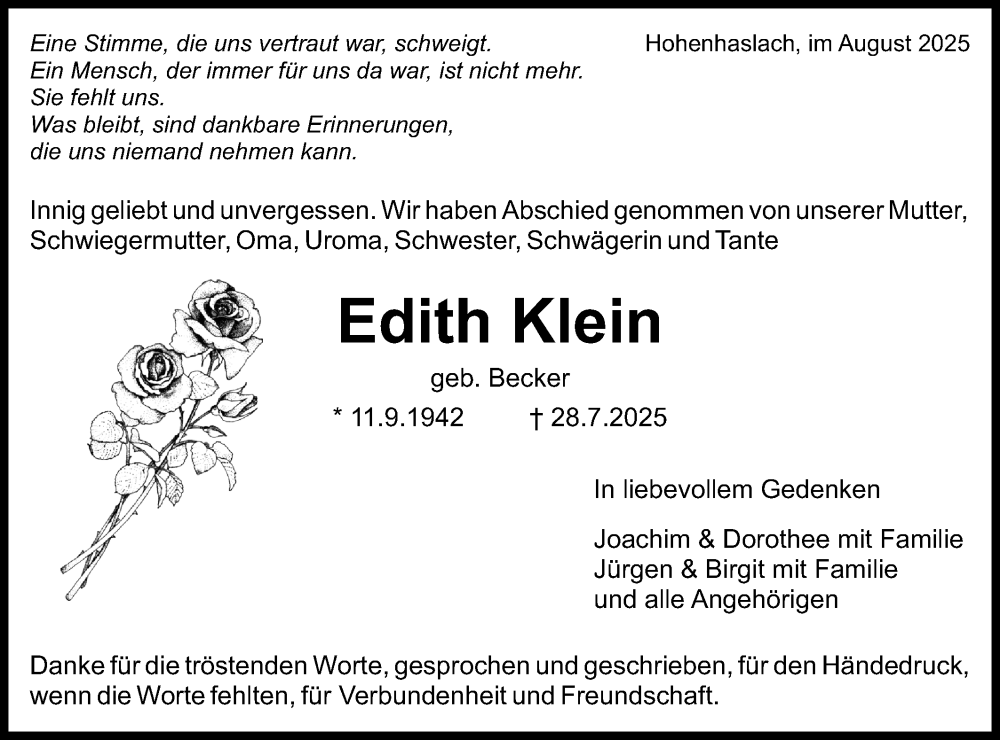  Traueranzeige für Edith Klein vom 09.08.2025 aus Bietigheimer Zeitung