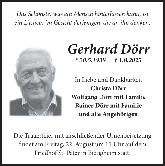 Traueranzeige von Gerhard Dörr von Bietigheimer Zeitung