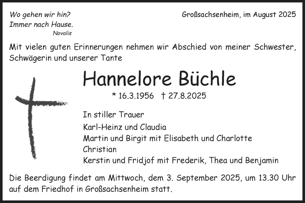  Traueranzeige für Hannelore Büchle vom 30.08.2025 aus Bietigheimer Zeitung
