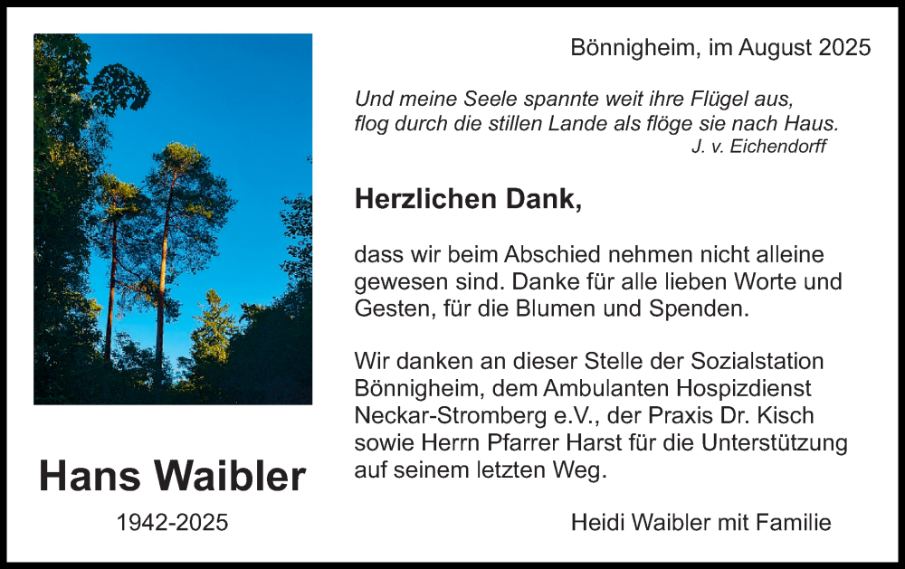  Traueranzeige für Hans Waibler vom 28.08.2025 aus Bietigheimer Zeitung