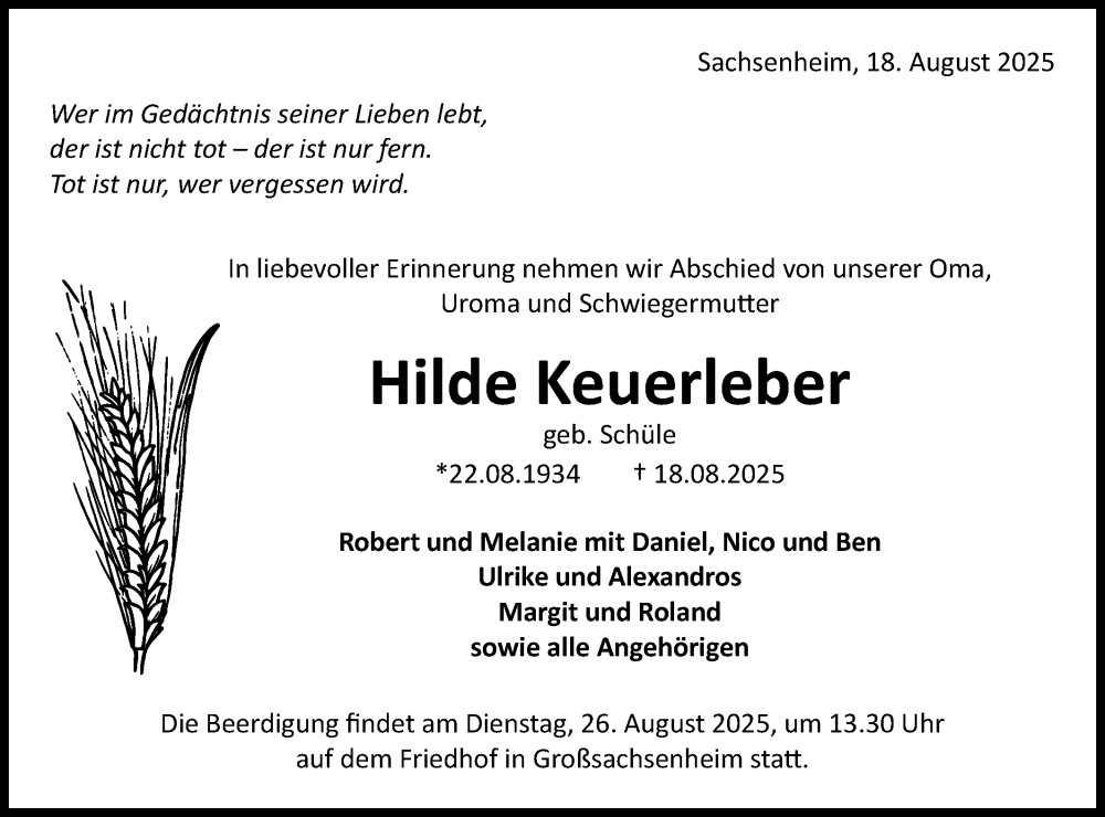  Traueranzeige für Hilde Keuerleber vom 21.08.2025 aus Bietigheimer Zeitung