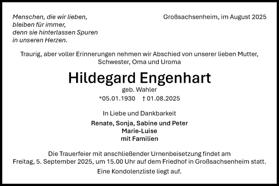 Traueranzeige von Hildegard Engenhart von Bietigheimer Zeitung