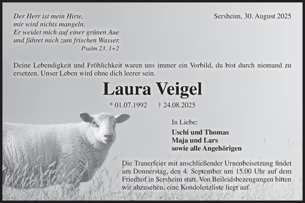  Traueranzeige für Laura Veigel vom 30.08.2025 aus Bietigheimer Zeitung