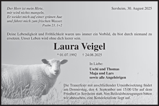 Traueranzeige von Laura Veigel von Bietigheimer Zeitung