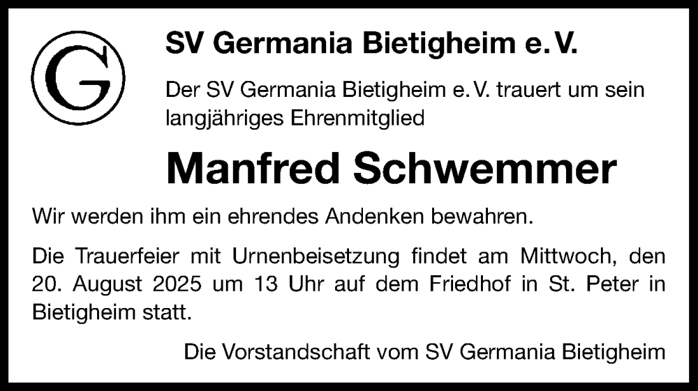  Traueranzeige für Manfred Schwemmer vom 19.08.2025 aus Bietigheimer Zeitung