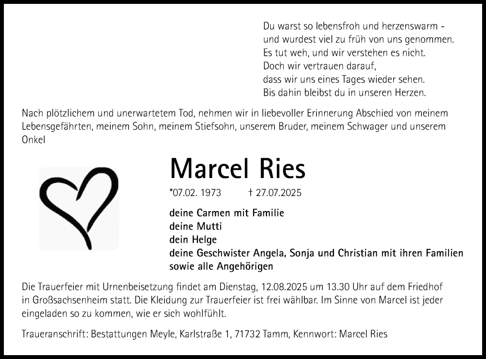 Traueranzeige für Marcel Ries vom 09.08.2025 aus Bietigheimer Zeitung