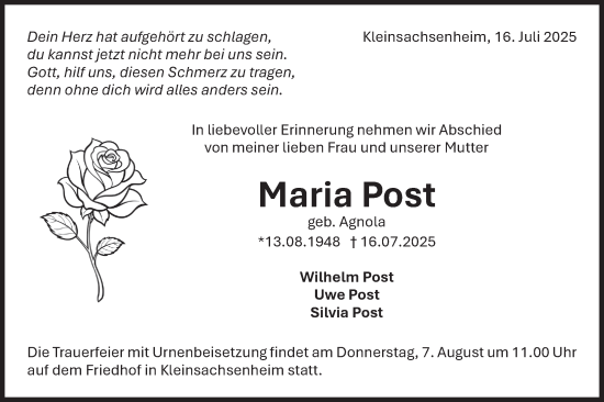 Traueranzeige von Maria Post von Bietigheimer Zeitung