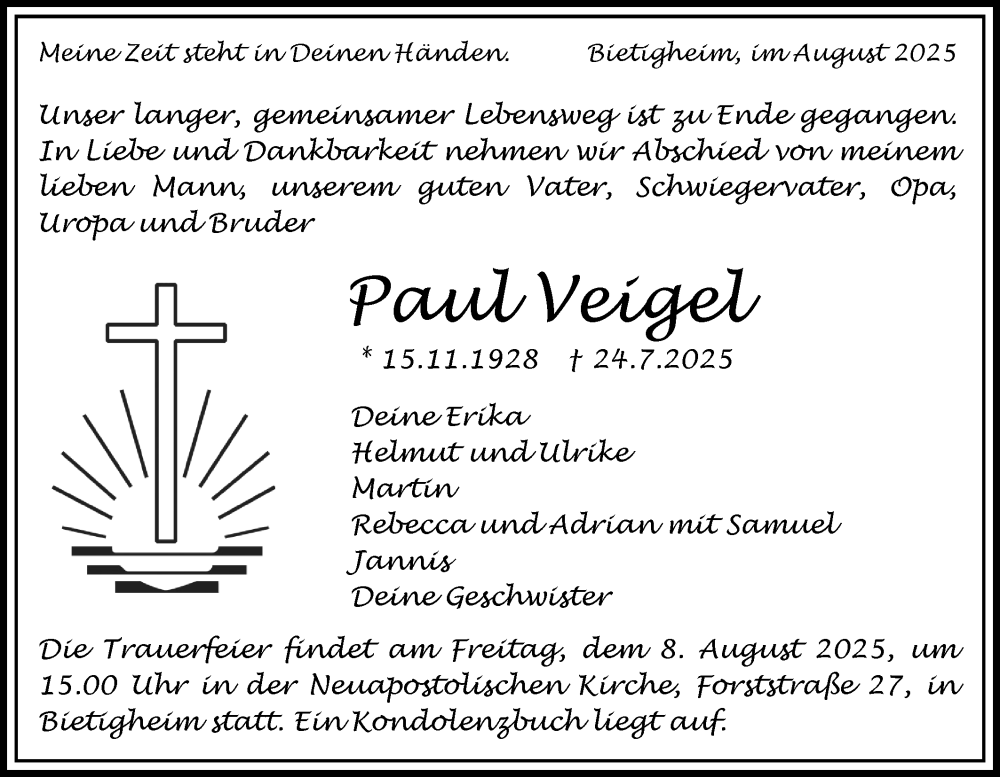  Traueranzeige für Paul Veigel vom 02.08.2025 aus Bietigheimer Zeitung
