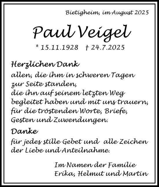 Traueranzeige von Paul Veigel von Bietigheimer Zeitung