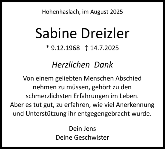 Traueranzeige von Sabine Dreizler von Bietigheimer Zeitung