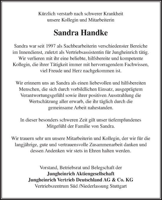 Traueranzeige von Sandra Handke von Bietigheimer Zeitung