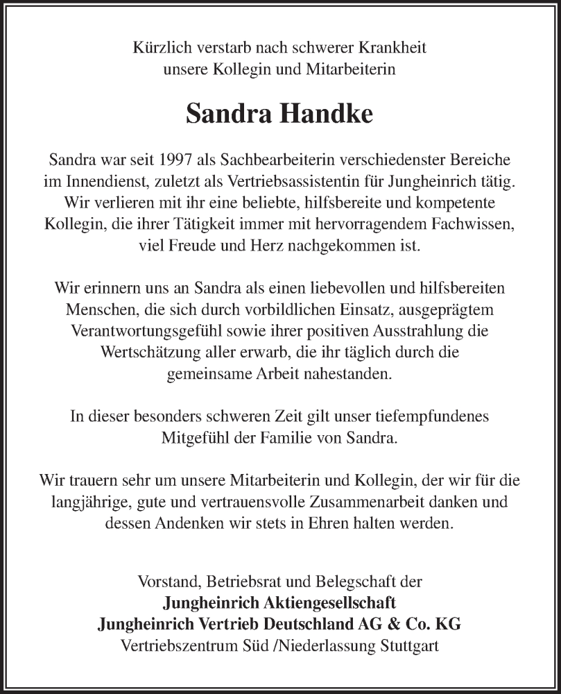  Traueranzeige für Sandra Handke vom 30.08.2025 aus Bietigheimer Zeitung