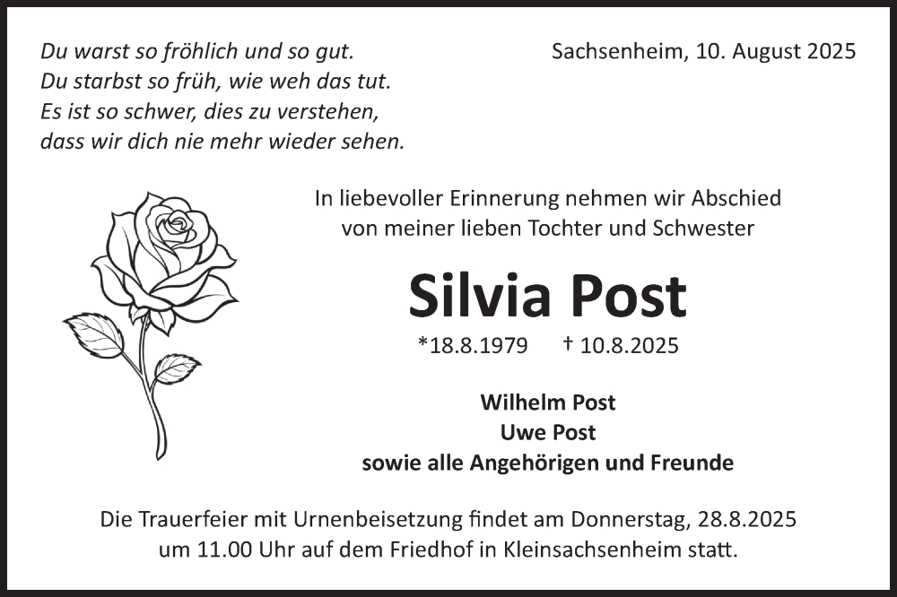  Traueranzeige für Silvia Post vom 23.08.2025 aus Bietigheimer Zeitung