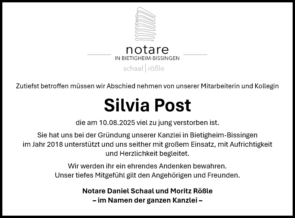  Traueranzeige für Silvia Post vom 30.08.2025 aus Bietigheimer Zeitung