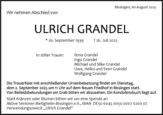 Traueranzeige von Ulrich Grandel von Bietigheimer Zeitung