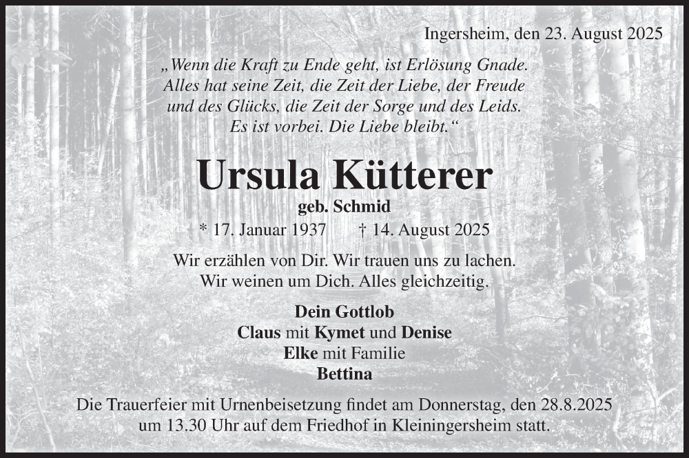 Traueranzeige für Ursula Kütterer vom 23.08.2025 aus Bietigheimer Zeitung