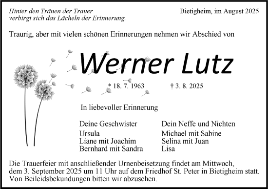 Traueranzeige von Werner Lutz von Bietigheimer Zeitung