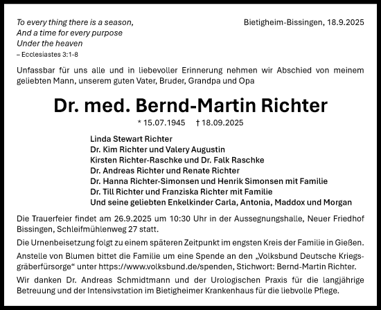 Traueranzeige von Bernd-Martin Richter von Bietigheimer Zeitung