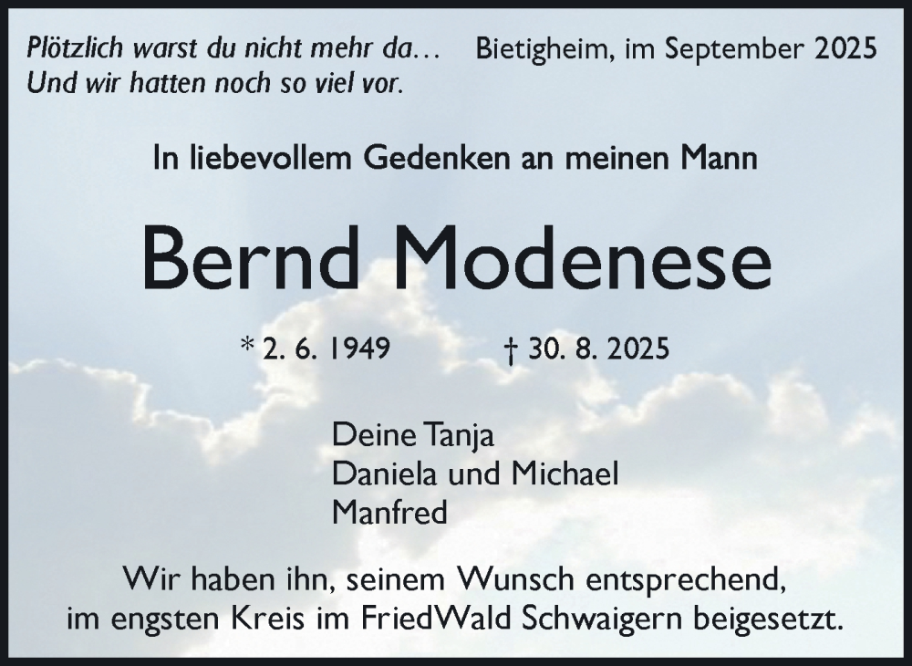  Traueranzeige für Bernd Modenese vom 18.09.2025 aus Bietigheimer Zeitung