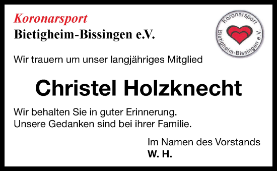 Traueranzeige von Christel Holzknecht von Bietigheimer Zeitung