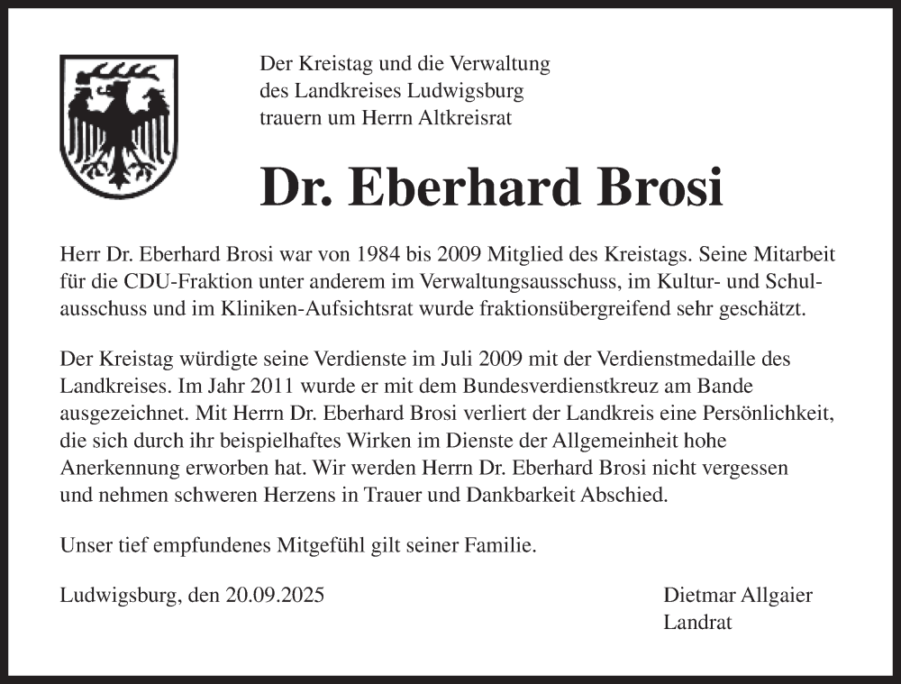  Traueranzeige für Eberhard Brosi vom 20.09.2025 aus Bietigheimer Zeitung