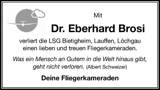 Traueranzeige von Eberhard Brosi von Bietigheimer Zeitung