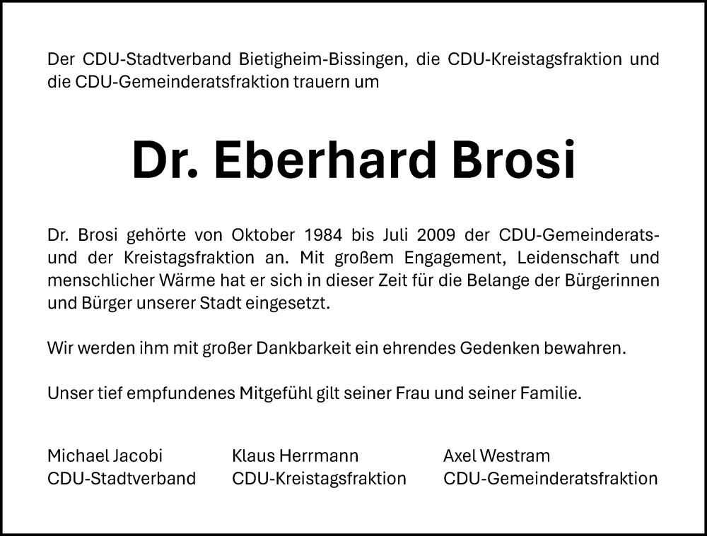  Traueranzeige für Eberhard Brosi vom 20.09.2025 aus Bietigheimer Zeitung