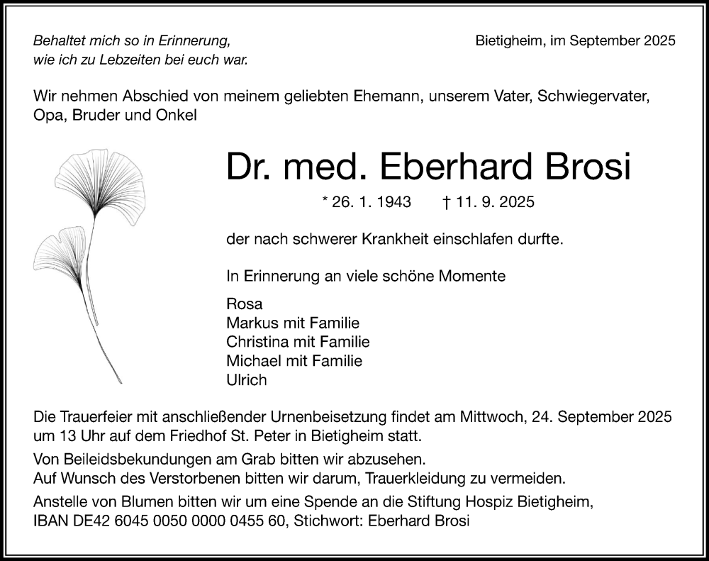  Traueranzeige für Eberhard Brosi vom 20.09.2025 aus Bietigheimer Zeitung