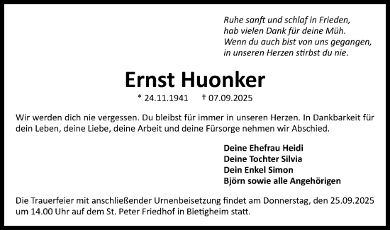 Traueranzeige von Ernst Huonker von Bietigheimer Zeitung