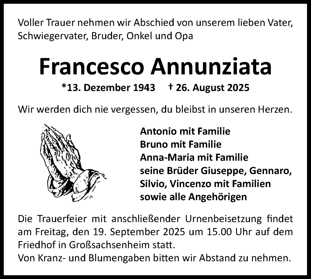  Traueranzeige für Francesco Annunziata  vom 15.09.2025 aus Bietigheimer Zeitung